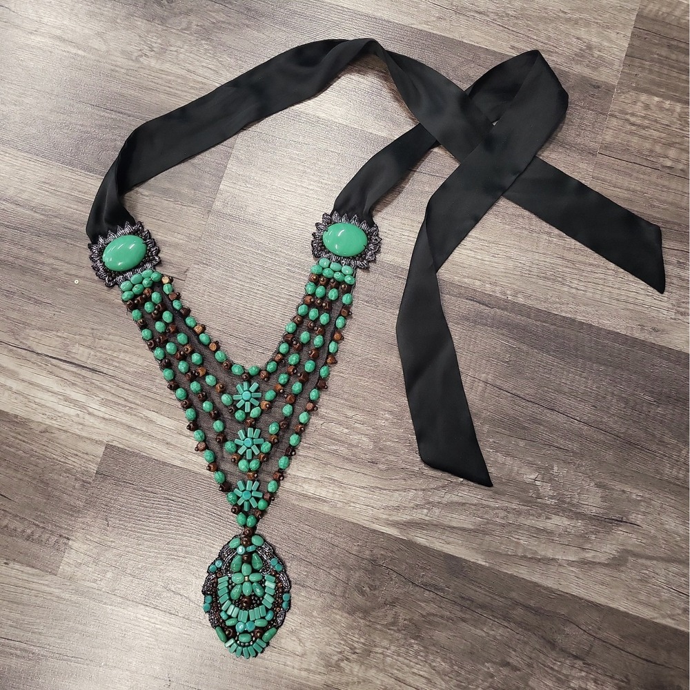 Elie Tahari Statement Necklace Black Mesh Base Turquoise Designer Jewelry